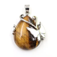 fysl silver plated butterfly tiger eye stone water drop pendant for gift opalite opal jewelry
