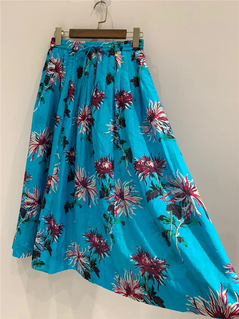 

Spring/Summer 2020 New Skirt Fashion Retro Sweet Flower Print Blue Midi Skirt