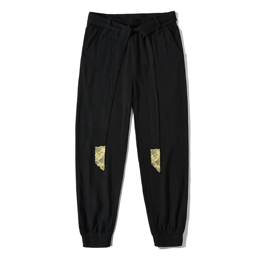 

Asian Traditional Style Retro Cotton Linen Thin Loose Pants Man Summer Japanese Embroidery Samurai Trousers Harajuku Streetwear