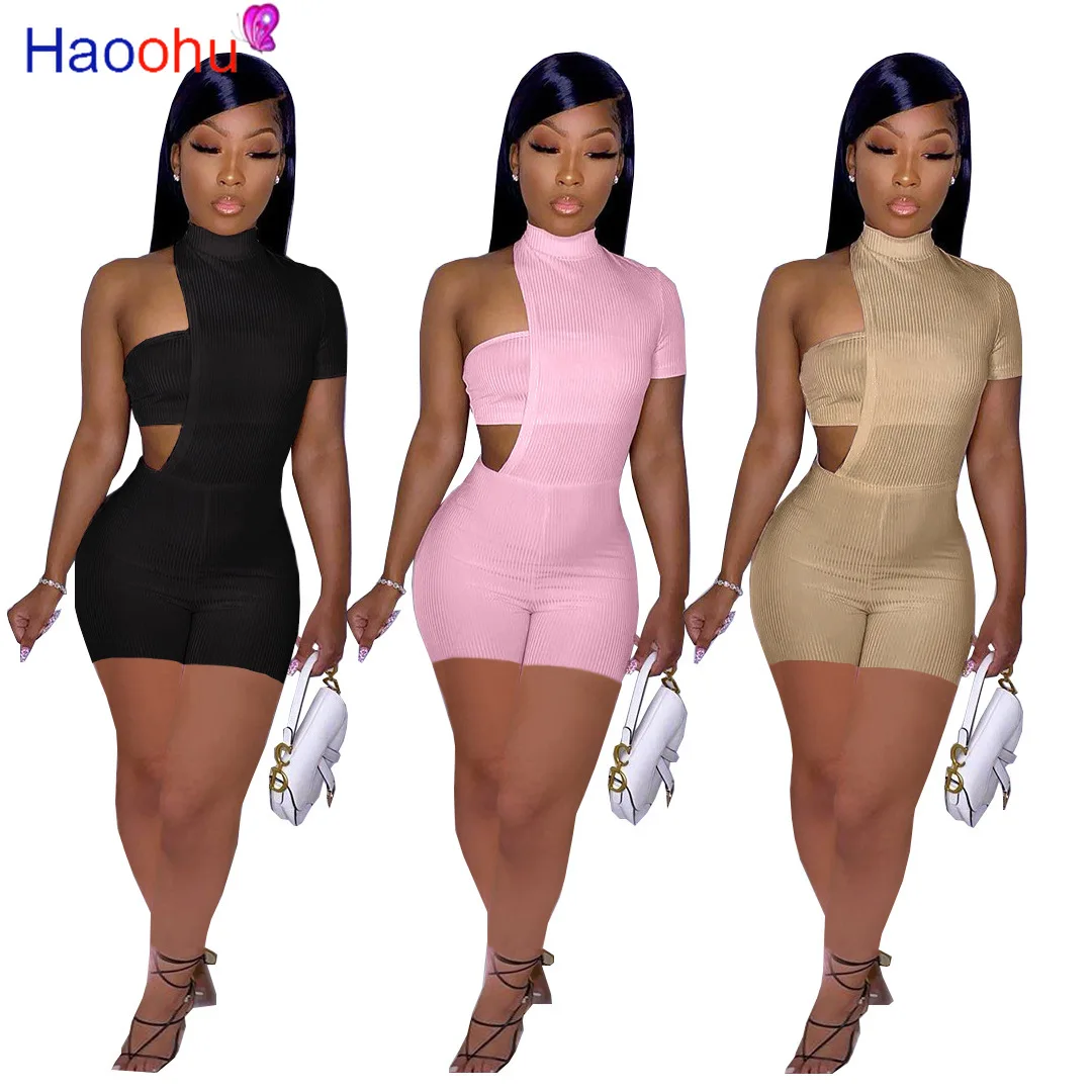 

HAOOHU Sexy 2 Piece Set Breast Wrap + One Shoulder Playsuit Elegant Club Outfit for Women Summer Clothes Overalls Lounge Wear