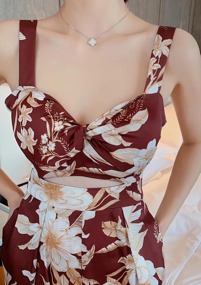 

2020 Europe and the United States summer new women's retro printed strap jumpsuit wide leg