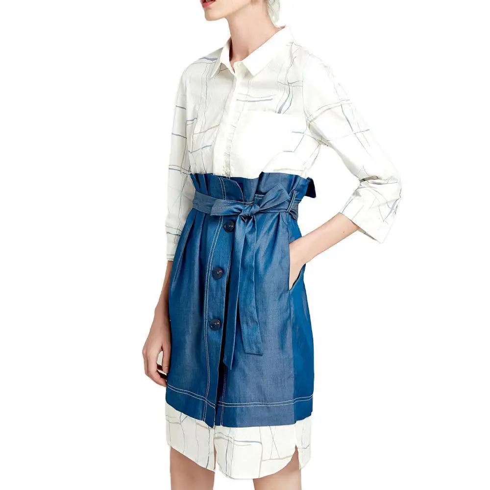 

Original Design Retro Stitching Denim Fake Two Piece Dress For Women Wrist Sleeve Elegant Lady Fashion Patchwork Dress 2021 New