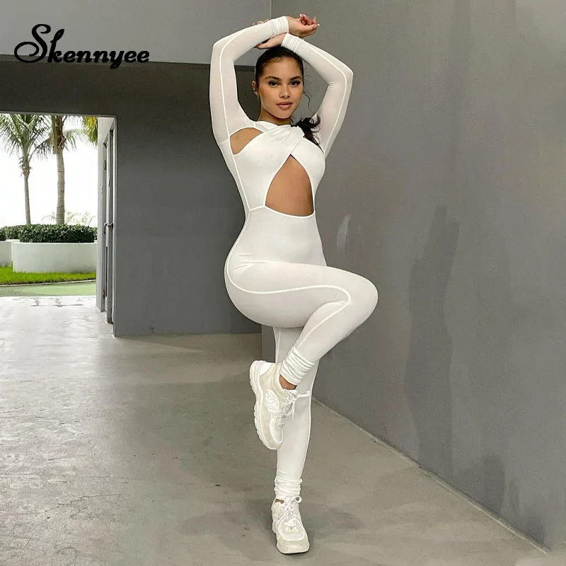 

Skennyee 2021 Sexy Hollow Out Jumpsuit Women Elegance Casual Skinny Playsuit Long Sleeve Sporty Running Fashion Overalls