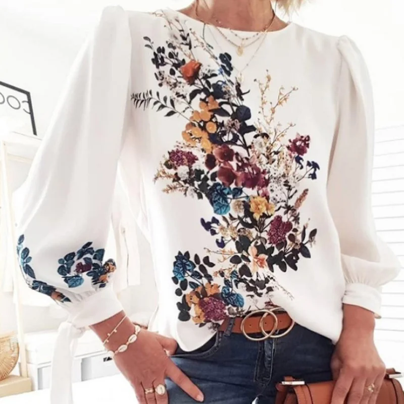 

Elegant Vintage Floral Print Women Blouse Tops O Neck Long Puff Sleeve Top