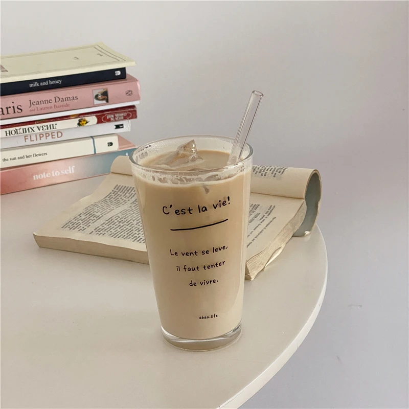 

Summer New Simple Retro French Large-capacity Retro Girl Letter Coffee Glass Cup with Lid Straw Water Cup