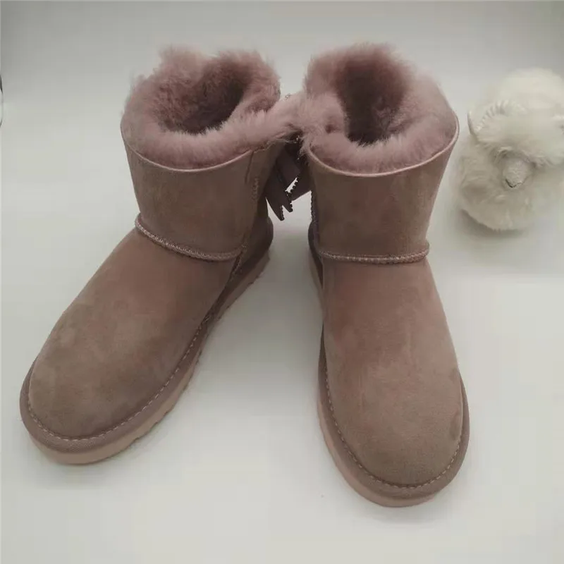 Blinging/; красивые женские зимние ботинки из натуральной овечьей кожи с бантом; женские ботинки на натуральном меху; теплые зимние ботинки с шерстью