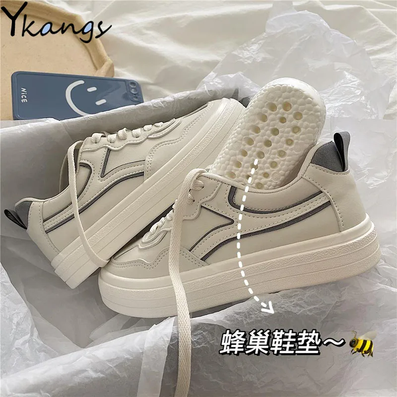 

Pu Leather White Sneakers New Casual All-match Low-cut Women's Vulcanized Shoes Korean Fashion Outdoor Lace-up Ladies Flat Shoes