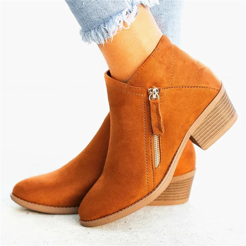 

Women Side Zipper Boots Fashion Suede Low Heel Shoes Women Short Boots Square Heels Casual Ankle Boots Plus Size botas mujer