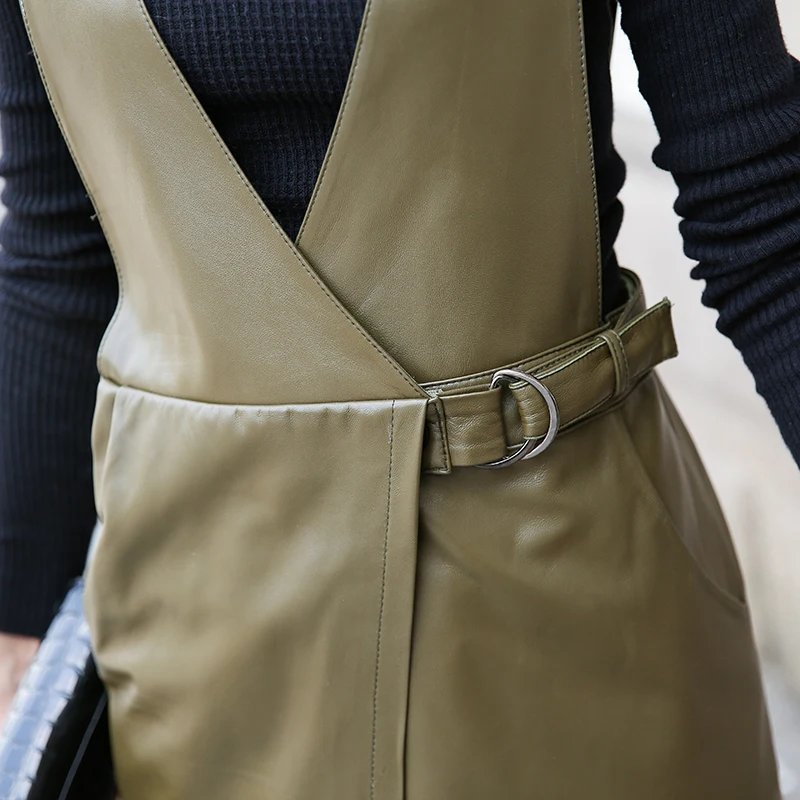 

dress sheepskin strap new Women's Mid-length sleeveless leather vest dress