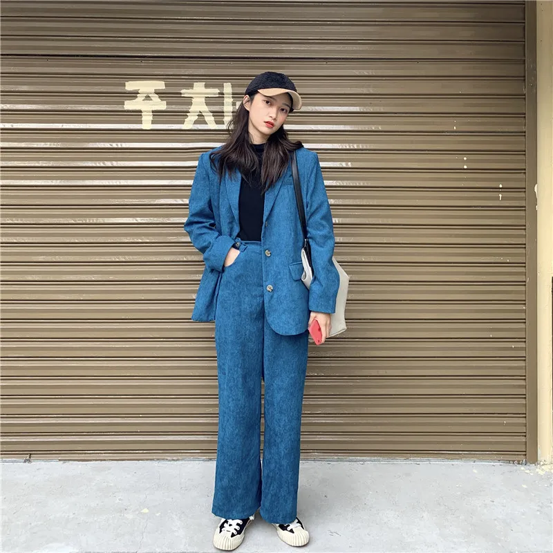 Модные элегантные деловые брючные костюмы для женщин синий вельветовый пиджак и