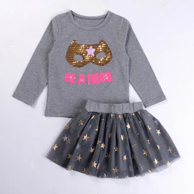 gray BTZ237-13 Humor Bear/новая осенняя одежда для маленьких девочек комплекты одежды для девочек футболка с длинными рукавами и рисунком кота из пайеток+ юбка со звездами повседневные костюмы для девочек из 2 предметов - Цвет: gray BTZ237-13