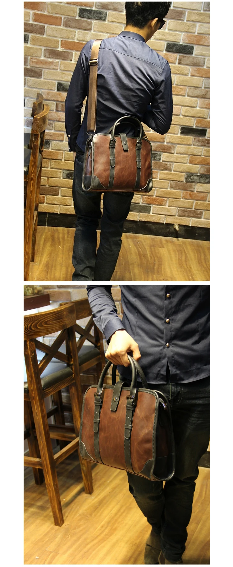 Искусственная кожа Crazy Horse мужской портфель Vintage14 дюймов Большая деловая сумка для ноутбука модная коричневая сумка через плечо