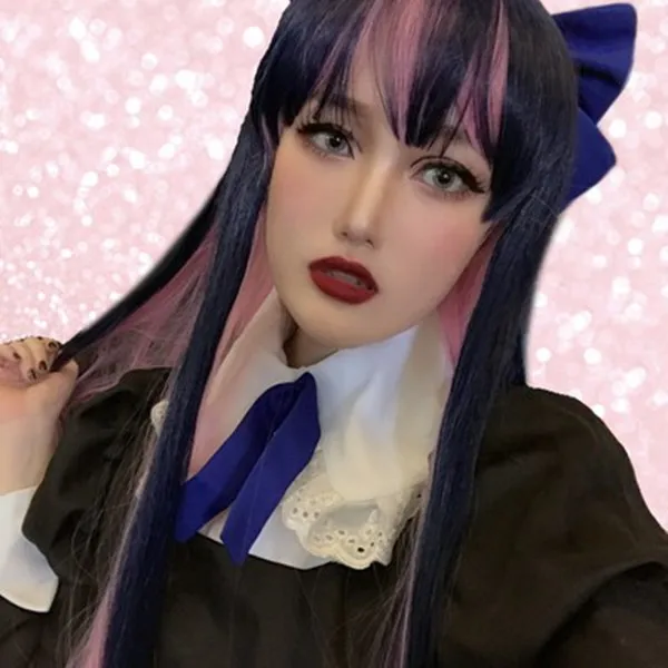 Panty & Stocking with Garterbelt Anarchy Cosplay Wigs 100cm/39inches Blue Pink Mix Long Straight Hair With free wig net |