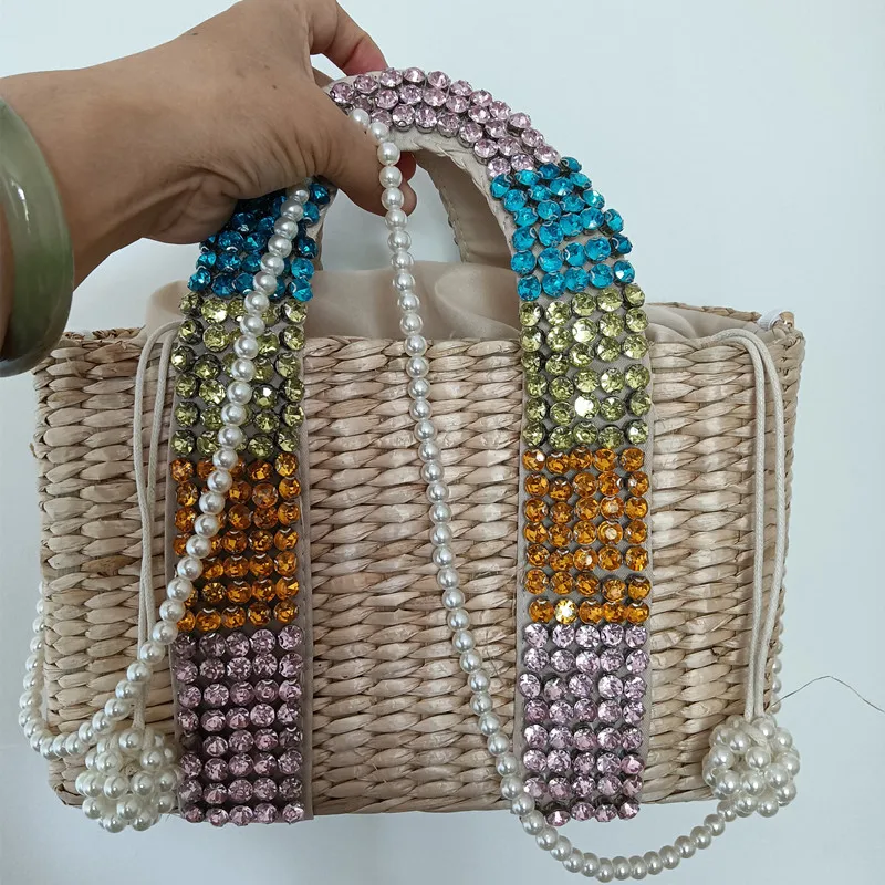 Broca de Água Bolsas para as Mulheres o Novo Bolsa de Palha Diamante Costurada Frisado Senhoras Bolsas Palha Tecido Cesta Mão