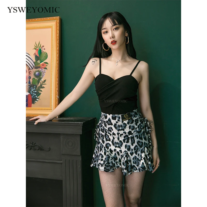 Женская юбка для латиноамериканских танцев с леопардовым принтом чёрного Танго