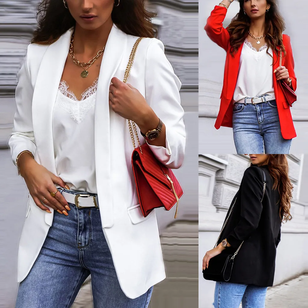 Женская мода отложной воротник однотонный длинный рукав тонкая верхняя одежда