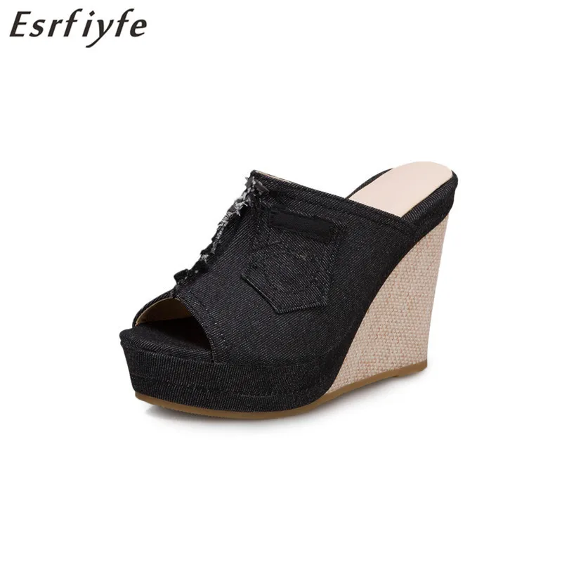 

ESRFIYFE 2020 New Arrive Women Slippers Summer Denim Super High Heels Shoes Woman Platform Open Toe Women Shoes Size 36-43