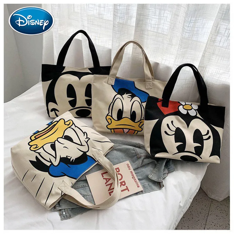 Disney Mickey Minnie Donald Duck Print Women Canvas Large Capacity Bag Student Bag Cartoon Portable Tote Bag Girl Shoulder Bag