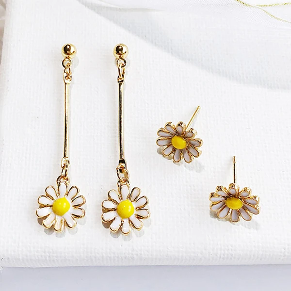 Темпераментные красивые белые желтые серьги капли с цветком милые металлические
