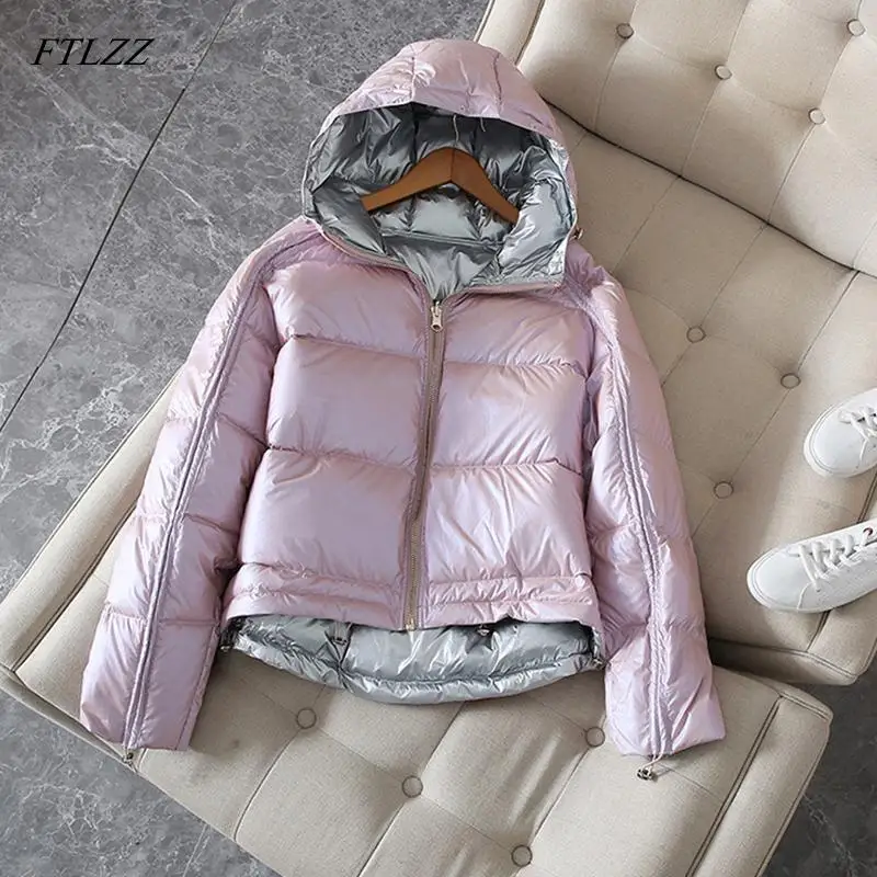 FTLZZ зимняя куртка женская золотой, серебряный, двухслойный, Двусторонний пуховик с капюшоном, белый пуховик, парка женская теплая зимняя непромокаемая верхняя одежда - Цвет: Розовый