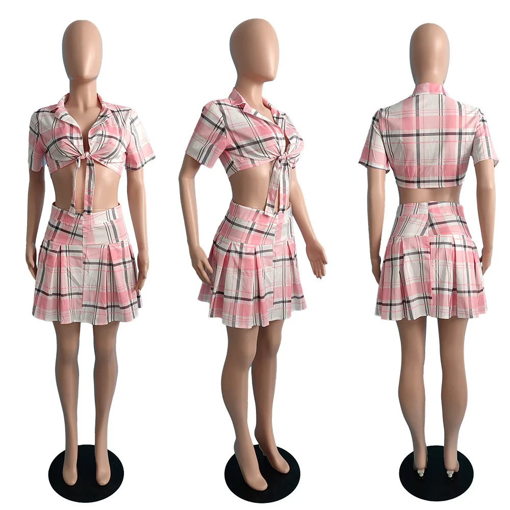 

Chiclover Summer Clothes for Women Two Piece Set Wholesale Short Sleeve Plaid Sweet Outfit Pleated Skirt Mini Skirts Lace Tops