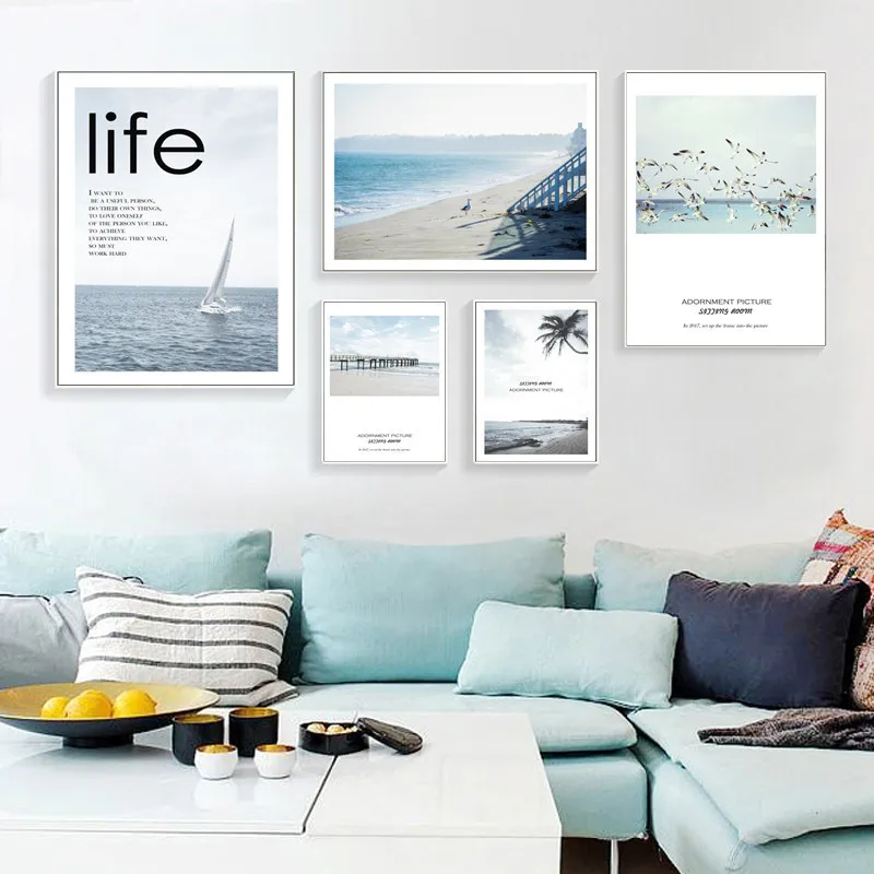 Nordic Minimalist Seascape Art Canvas Painting Prints Posters Seagull Sailboat Decorative Pictures Living Room Home Decor KL105 | Дом и сад