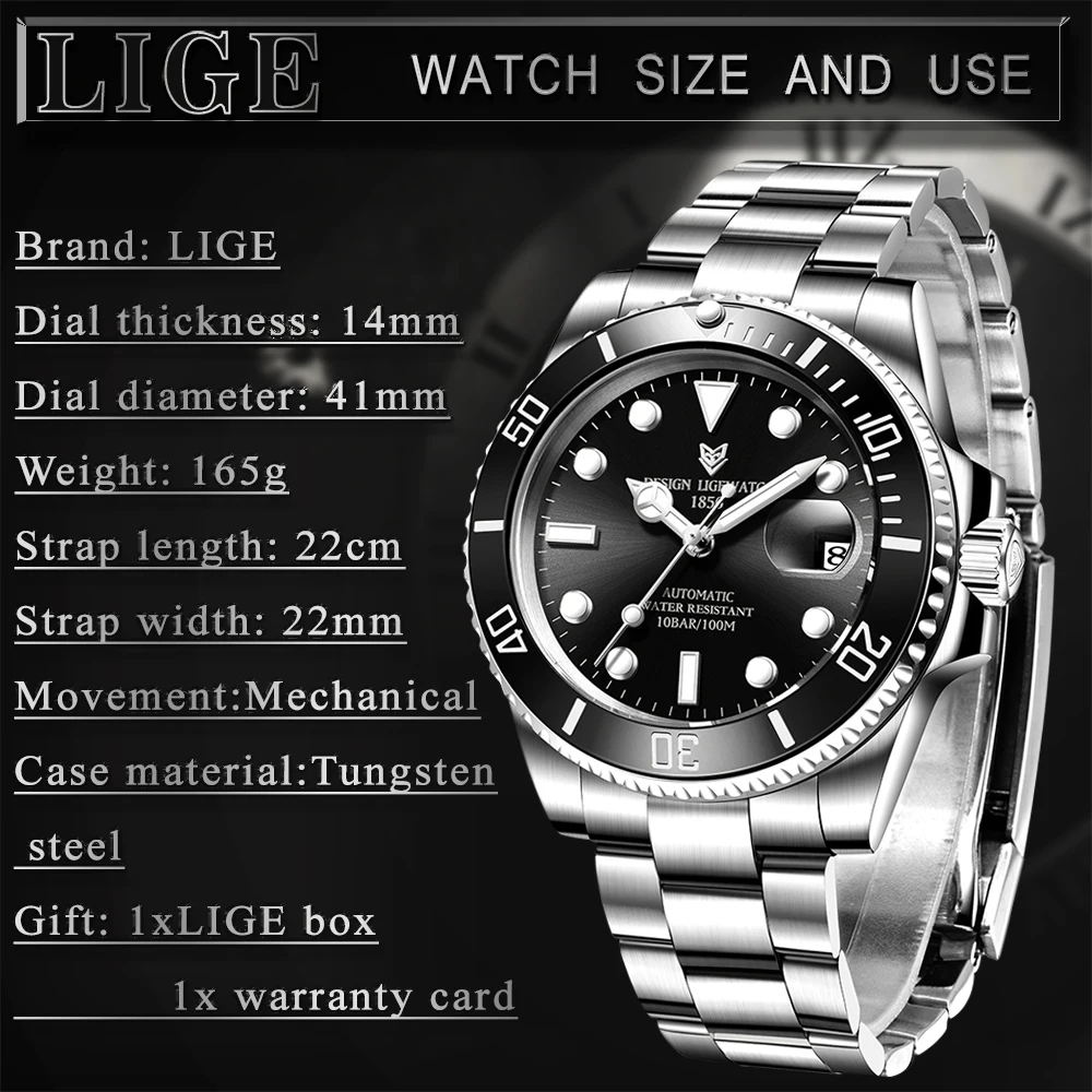 

2021 LIGE New Watch Men Automatic Mechanical Tourbillon Clock Fashion Sport Diving Watch 100ATM Waterproof Luminous Watches Mens