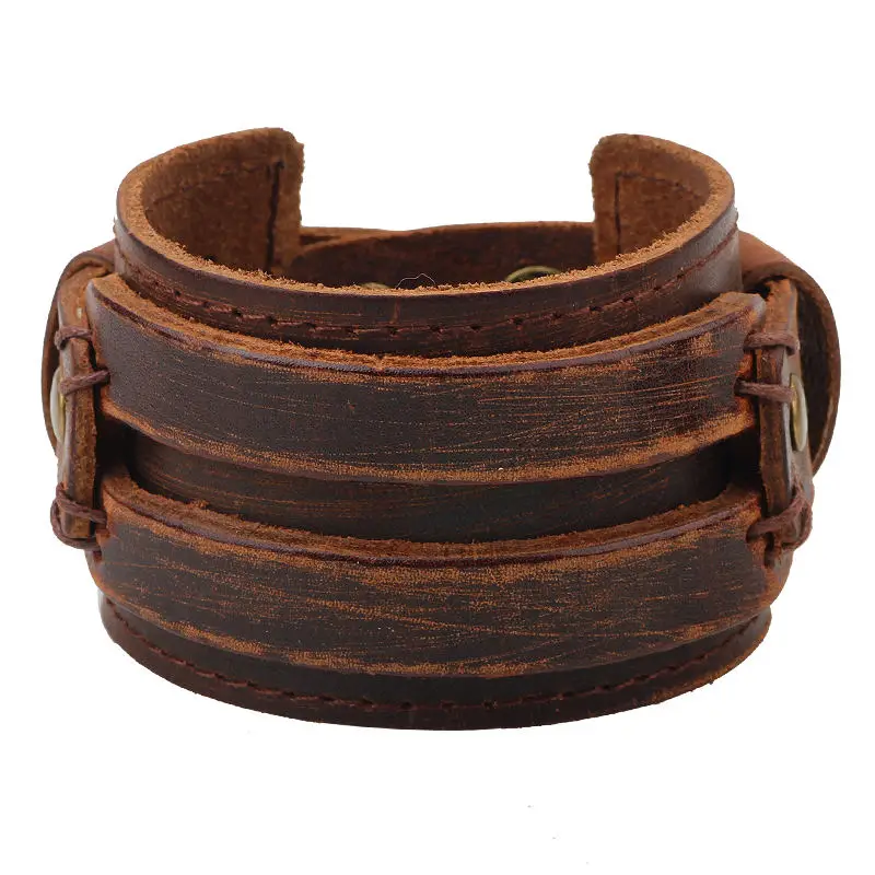 QNW2166 Brown Широкий браслет из натуральной кожи, браслеты в стиле панк-рок, винтажные мужские браслеты, кожаный браслет для мужчин и женщин, ювелирные аксессуары - Окраска металла: QNW2166 Brown