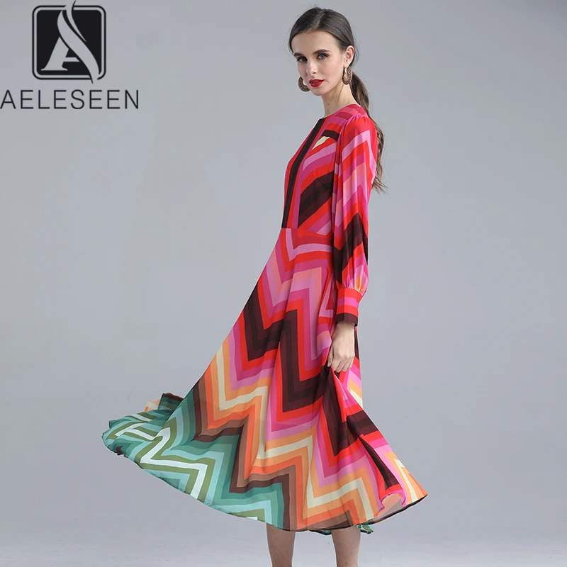 Женское платье в полоску AELESEEN элегантное разноцветное до середины икры