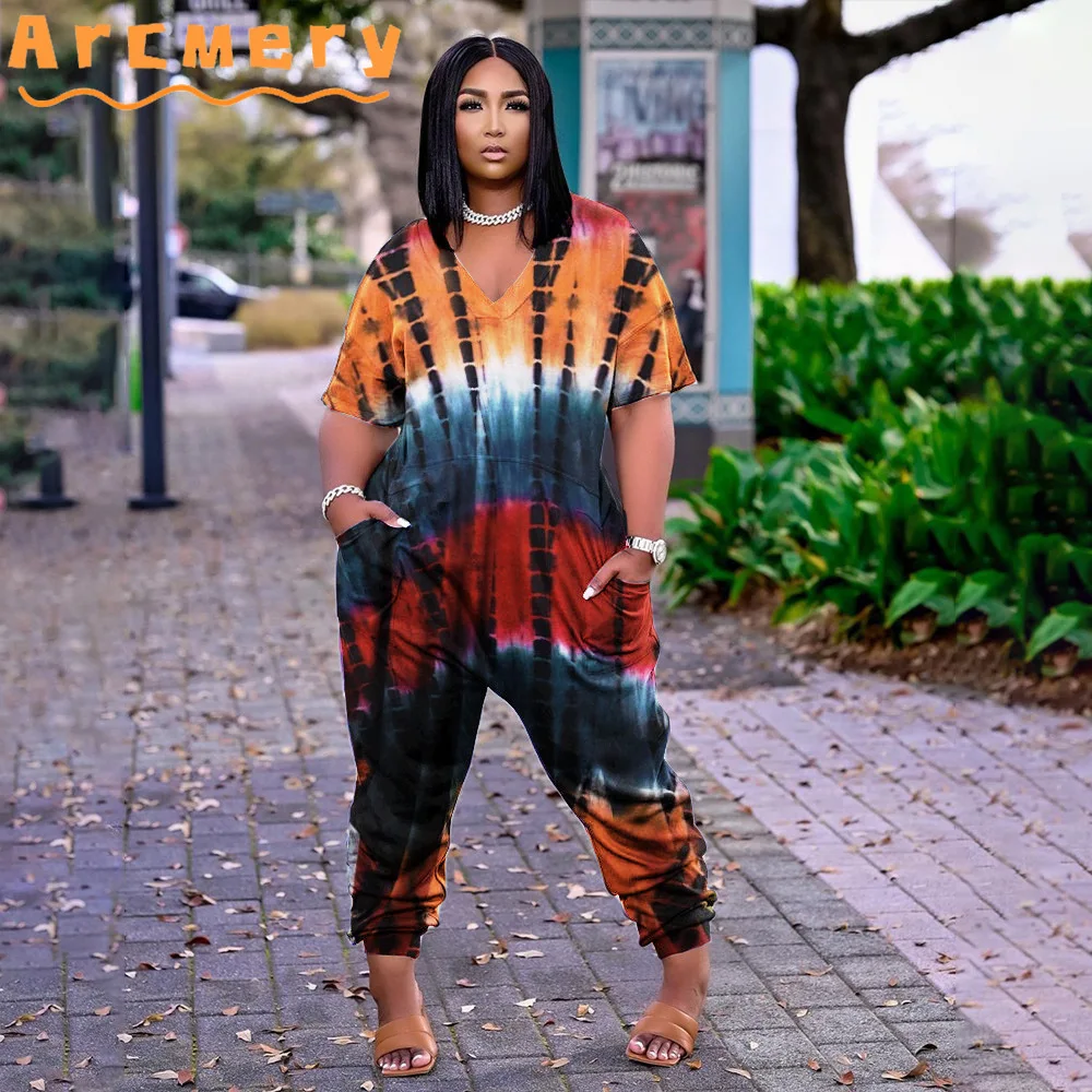 

Women Plus Size Casual Tie Dye Printed Short Sleeve V-neck Loose Jumpsuits