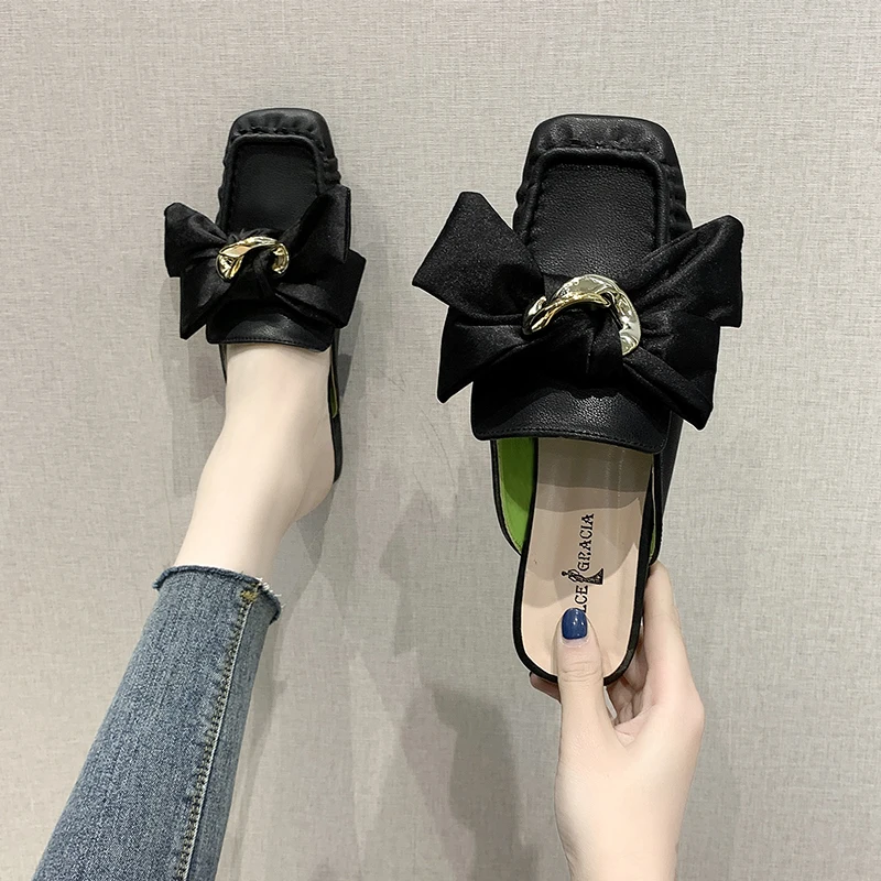 

Square heel Low Shoes Ladies' Slippers Butterfly-Knot Luxury Slides On A Wedge Cover Toe Slipers Women Block Summer Designer