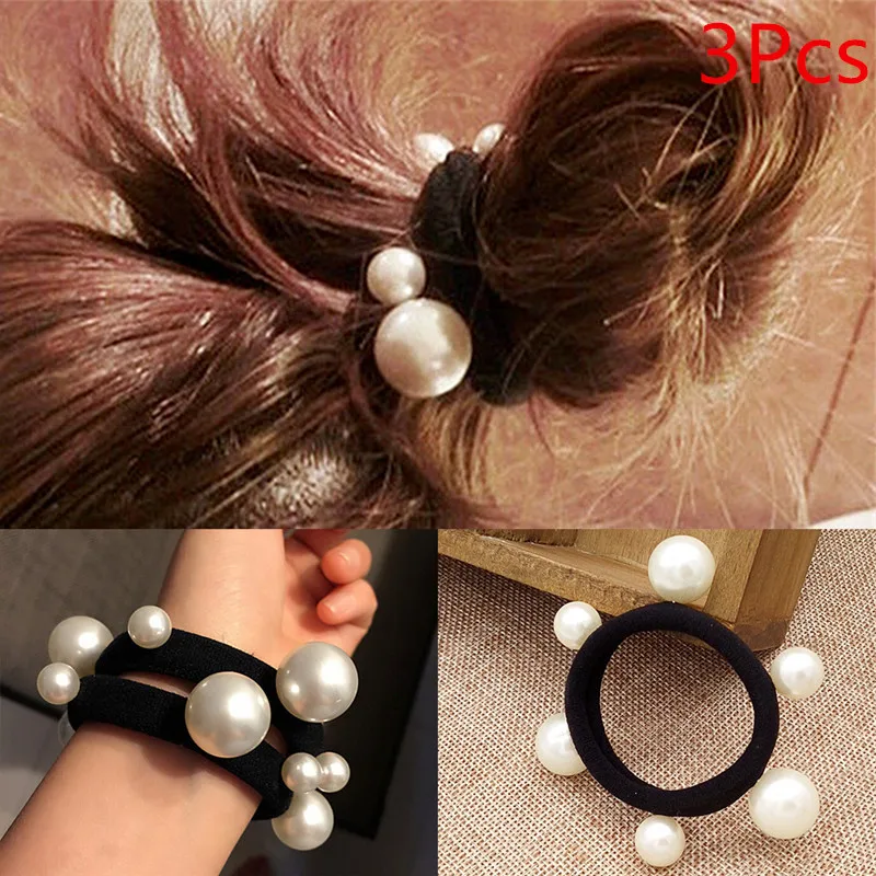 3 шт. женские эластичные резинки для волос с имитацией жемчуга Черные укладки