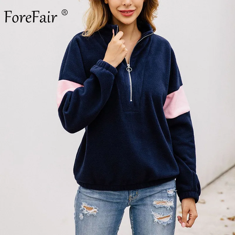 Forefair/флисовая водолазка на молнии; женские осенние Топы с длинными рукавами; Повседневная зимняя толстовка с капюшоном в стиле пэчворк - Цвет: Navy Blue Sweatshirt