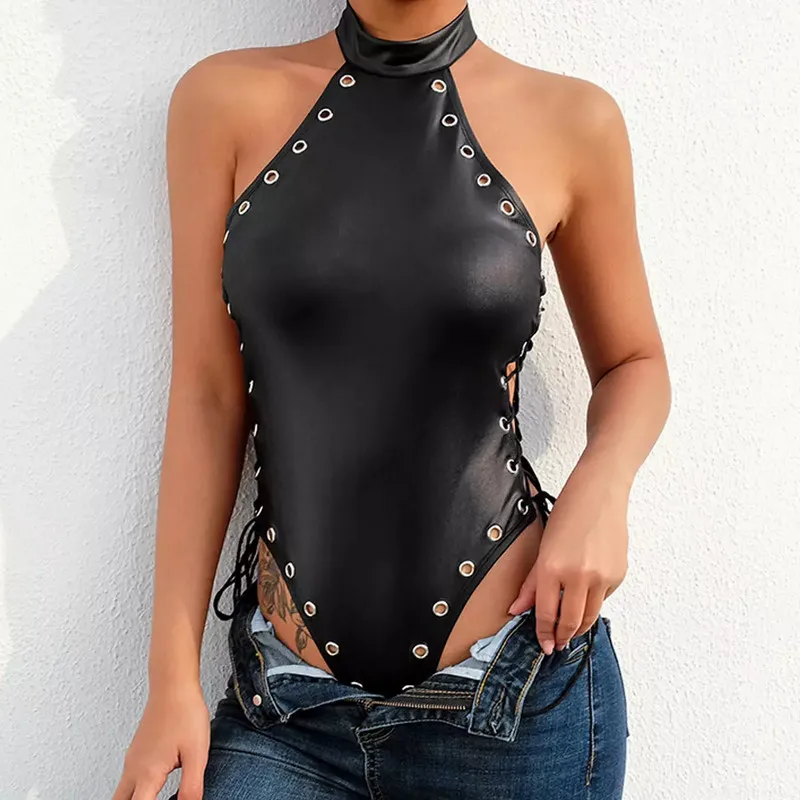 

Sexy Women PU Leather Bodycon Bodysuit Bandage Halter Elastic Black Bodysuit Short Romper Top Female 2019 New Leotard