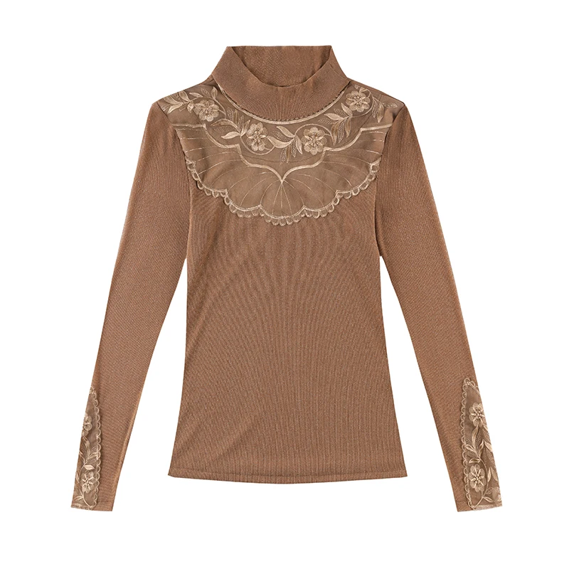 Spring Autumn Women Blouse Long Sleeve Mesh Lace Shirt Women Top Elegant Half High Collar Bright Flower Blouse Female Work Shirt