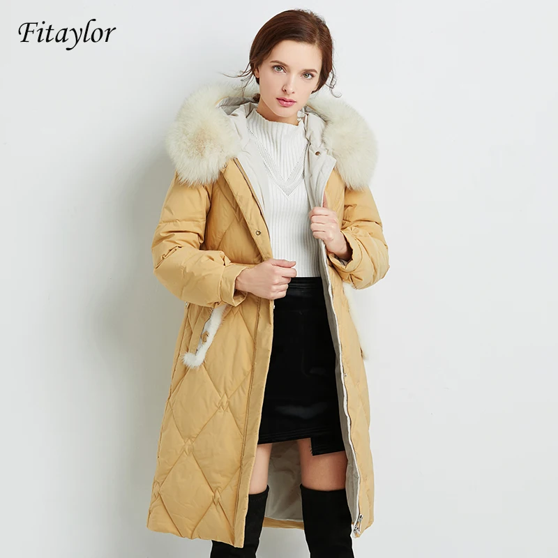 Fitaylor 2019 большой натуральный мех норки для женщин белый утиный пух Длинные парки