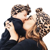 newborn infant baby girl boy mom turban hat bows flower head wrap leopard india hat cotton cap parent child suit beanie