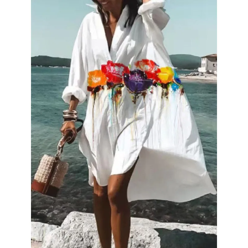 

Women Summer Dresses Fall Floral Mini Shirt Dress 2021 Boho Beach Flowy Swing Shift Dress Casual V-Neck Button Up Loose Sundress