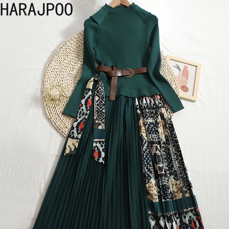 

Harajpoo Vestido Women Vintage Contrast Print Stitching Pleated Pullover 2021 Fall Winter Knit O Neck Harajuku Mid Calf Dress