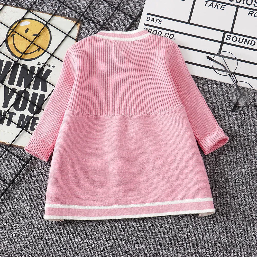 New Pink Brand Toddler Girl Fall Winter Knit Sweater Dress Lovely Bow Kids Winter Dresses Baby Long Sleeve Crochet Dress 0-5Y