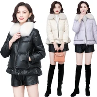 2021 winter leather down jacket womens short large loose fox fur collar thickened coatwhite designer coat