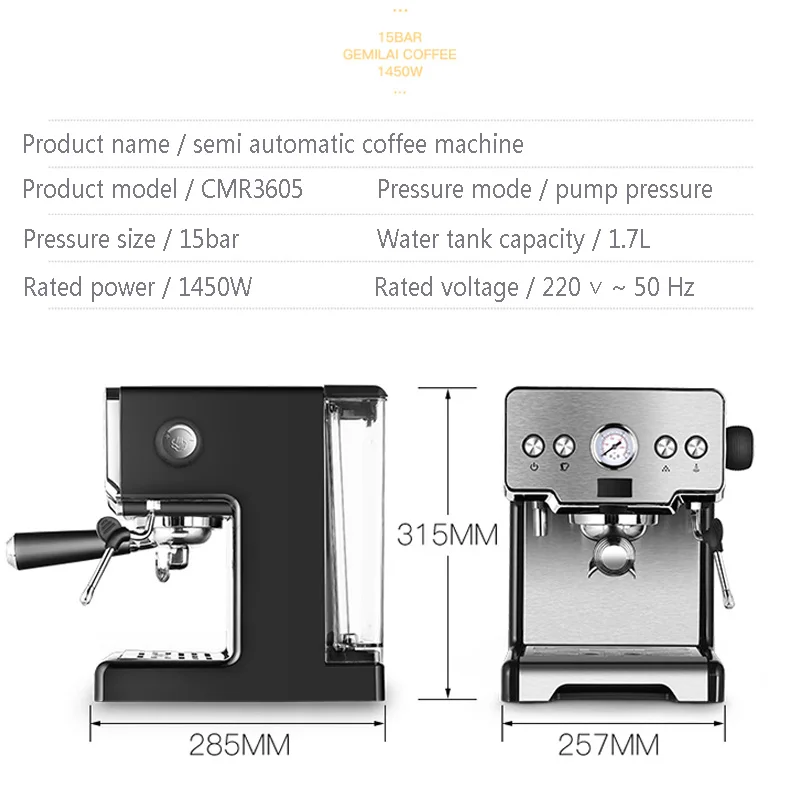 

15bar Coffee Machine Espresso Machine Semi-automatic Pump Cappuccino Milk Froth Machine Italian Coffee Machine