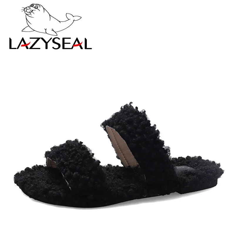 LazySeal; цветные домашние тапочки с натуральным мехом; женская обувь; женские шлепанцы без задника на плоской подошве; женские пушистые домашние шлепанцы; пушистая плюшевая обувь - Цвет: Black
