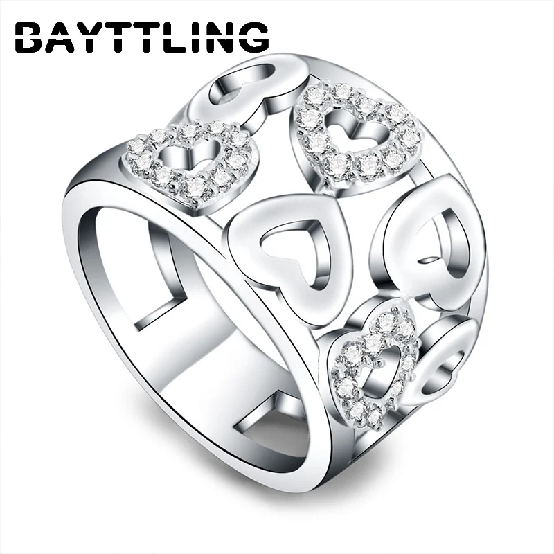 

BAYTTLING Hot Selling Silver Color Shiny Zircon Hollow Heart Ring For Woman Lady Fashion Birthday Party Gift Jewelry