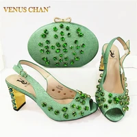 2022 new arrival ladies italian design shoes and bag set decorated with rhinestone nigerian sandals elegant for green