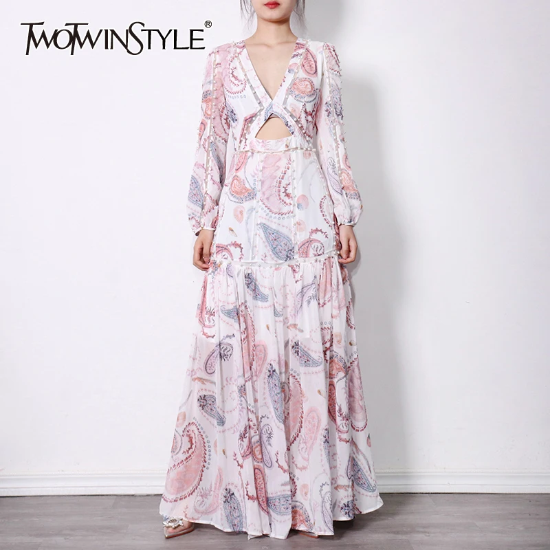 

TWOTWINSTYLE Print Hollow Out Dress For Women V Neck Lantern Long Sleeve High Waist Ruched Slim Maxi Dresses Female 2021 Fashion