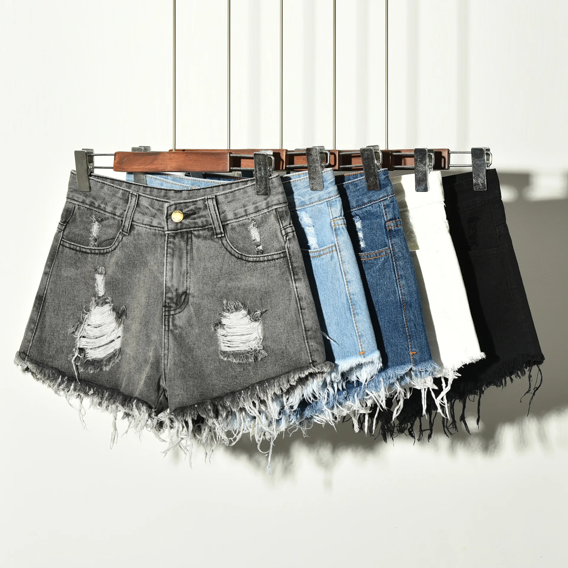 

Summer Korean Women's Fat Mm Denim Shorts Factory Direct 2019 Hole Stretch Large Size Jeans 938 White High Waisted Office Lady