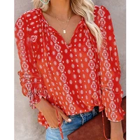 fashion blouses elegant office shirt women tops floral printed top v neck chiffon lady blouse spring summer red shirts wholesale