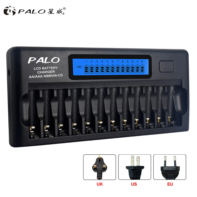 Быстрое Смарт 12 слотов нового типа зарядное устройство PALO NIMH NICD AA/AAA Smart lcd зарядное устройство для 1-12 AA или AAA NiMH NICD батарей