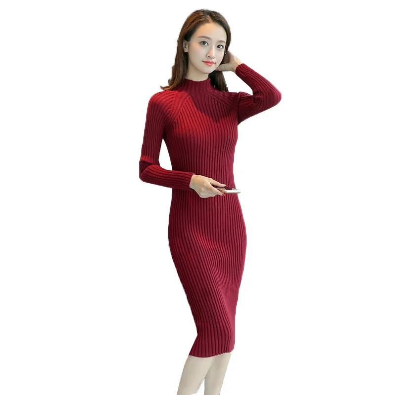 

Female knit Sweater Dress Winter Fashion Sexy Thicken Warm Pack hip Slim Dress Women Vestido Mid-length Pullover knit Dress T363